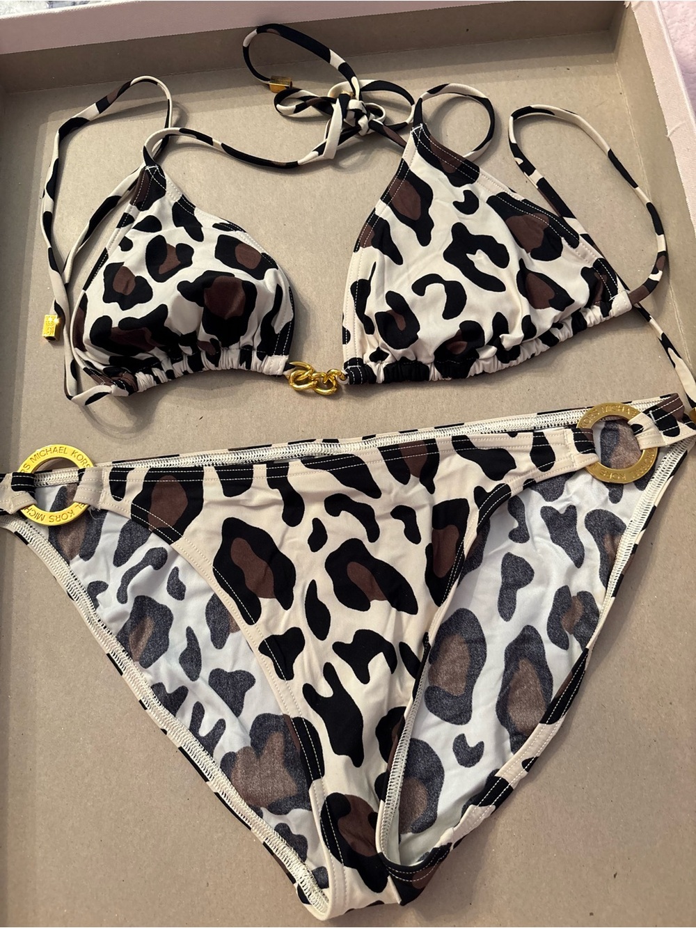 Michael Kors Leopard Print Triangle Bikini Set in Cream and Brown